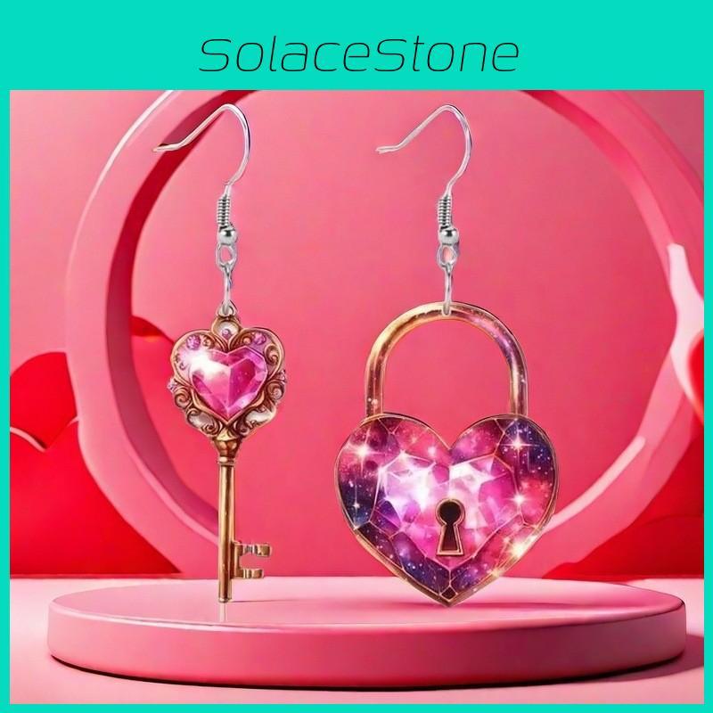 Sweet Heart Shaped Lock And Key Design Acrylic Women Pink Earrings Jewelry For All Genders