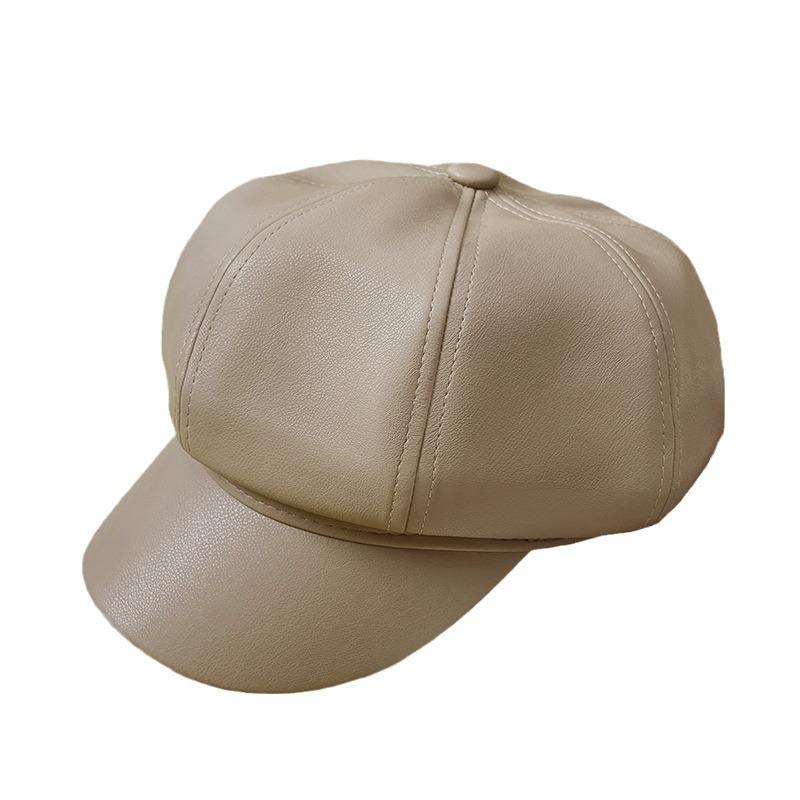 Three dimensional Leather Octagonal Hat for Women in Autumn and Winter Warm and Versatile Newsboy Hat New Large Head Circumference British Beret Hat