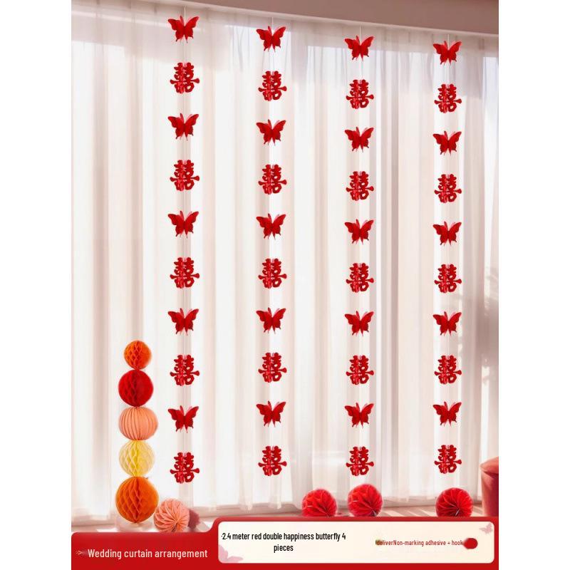 Wedding Room Decor Set: Double Happiness Curtains, Bay Window Trim, Bedroom Bows