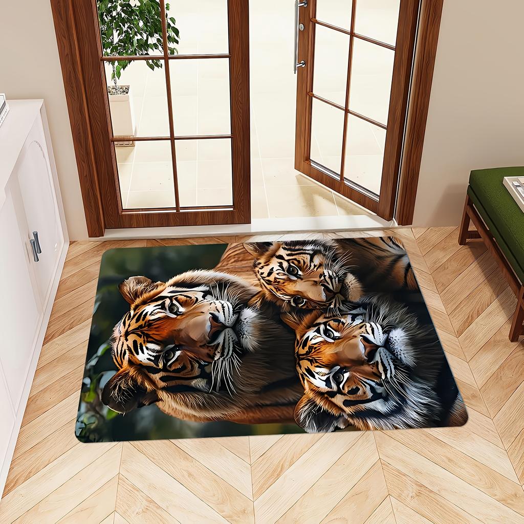 1pc 2D Flat Tiger Family Portrait Realistic Animal Flannel Area Rug Non Slip Wildlife Carpet For Living Room Bedroom Floor Decor