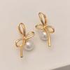 Korean Silver Color Pearl Bowknot Hoop Earrings for Women Minimalist Asymmetric Bow Earrings Wedding Jewelry Valentine Gift