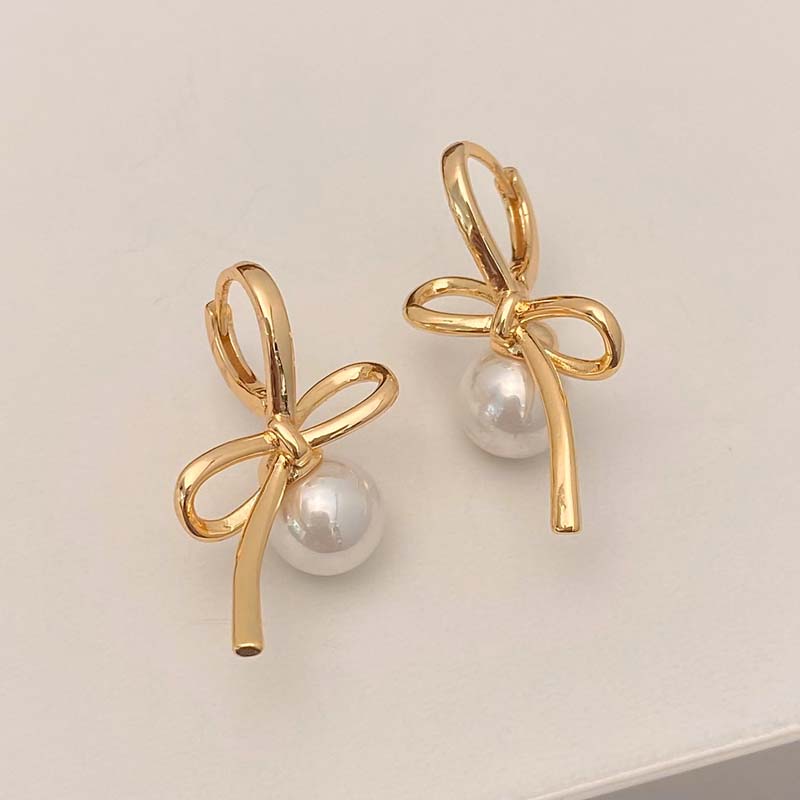 Korean Copper Color Pearl Bowknot Hoop Earrings for Women Minimalist Asymmetric Bow Earrings Wedding Zircon Valentine Gift