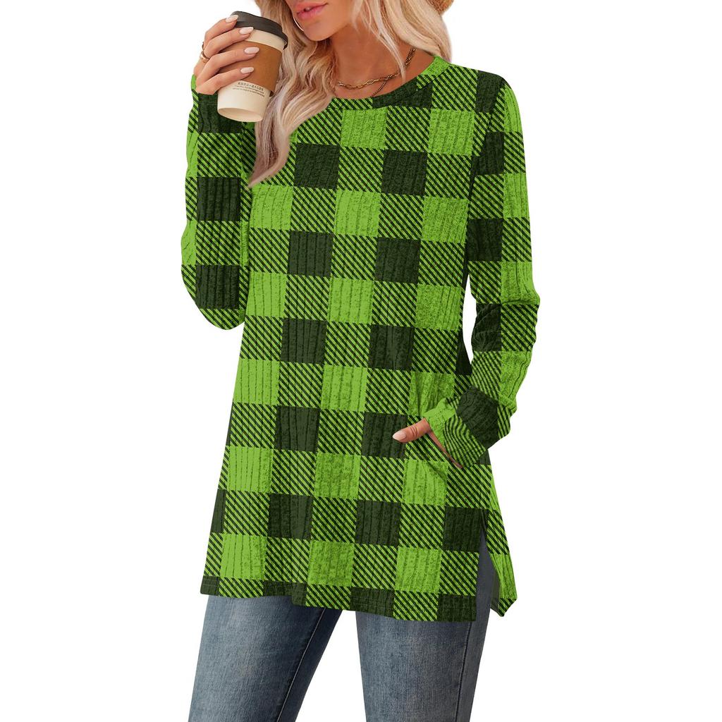 Women's Checkered Printed Round-neck Long-sleeved Top With Pockets And Side Slits