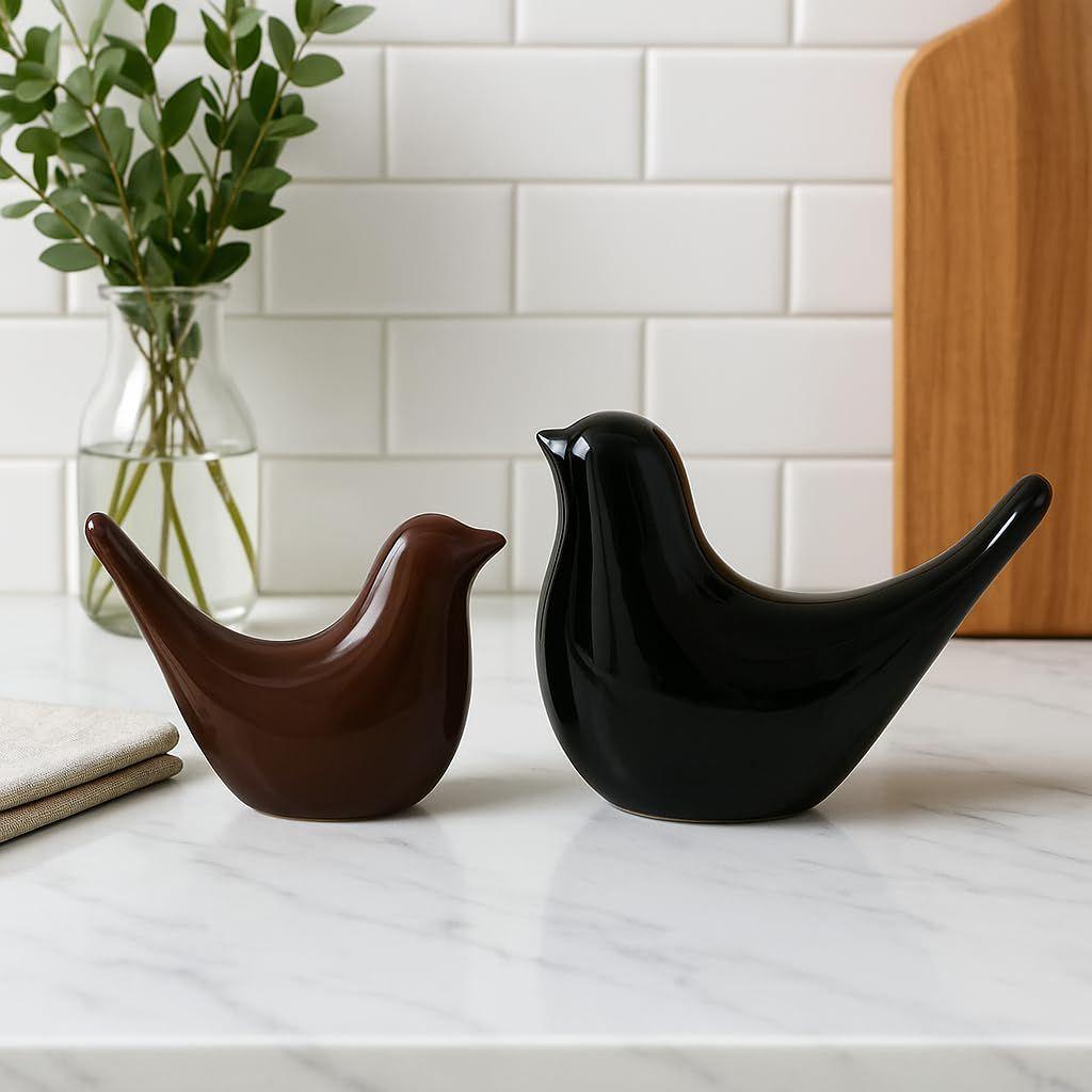 Creative Black and Brown Glossy Ceramic Birds Figurines Home Decorations Accessories Party (Pack of 2)