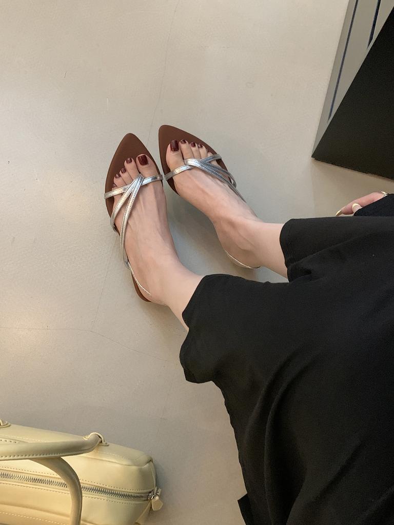 French pointed thick heel strap sandals fairy shoes 2025 new summer with skirt toe silver Roman shoes