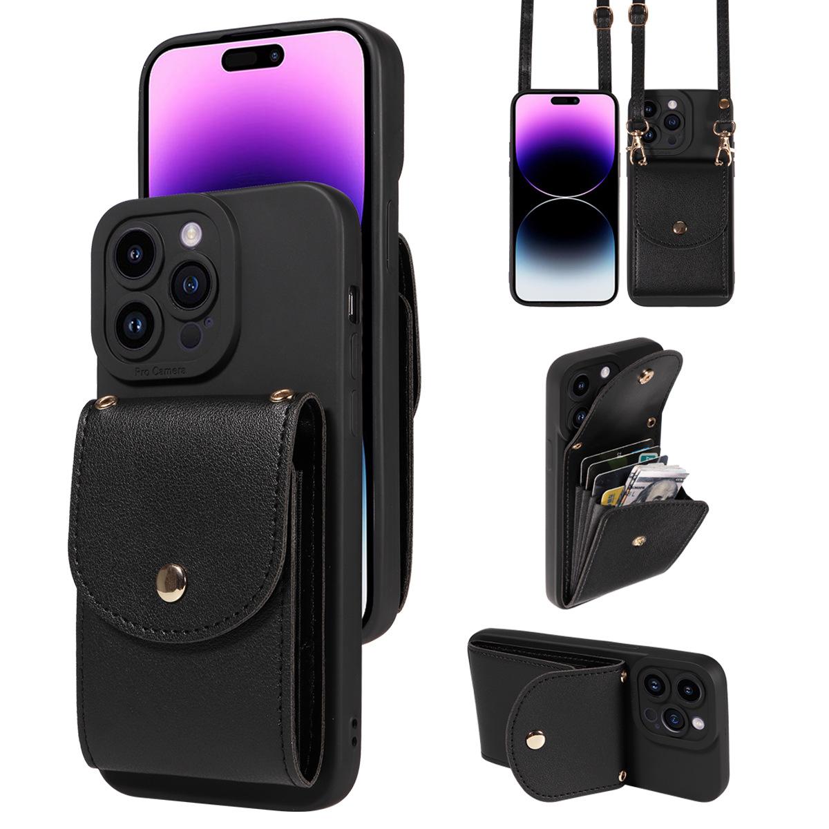 

For iPhone 15 Shockproof Case PU Card Holder Kickstand TPU Phone Cover with Shoulder Strap Black