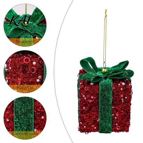 Christmas Window Ornaments Gift Box Ornament with Glitter, 3D Present Hanging Decor Seasonal Indoor Green Ribbon Bow, Holiday Tree Pendant,