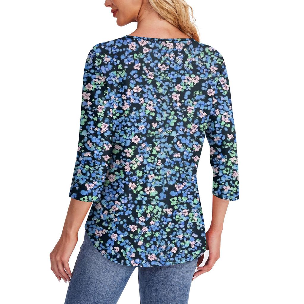 Top de damă la modă cu gât rotund, cu pliuri pe fenta din față și mâneci 3/4