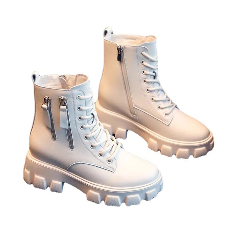Pu Artificial Leather Platform Ankle Boots Women Lace-Up Zipper Thicked Plush Snow Boots Woman Winter Non-Slip Warm Cotton Shoes