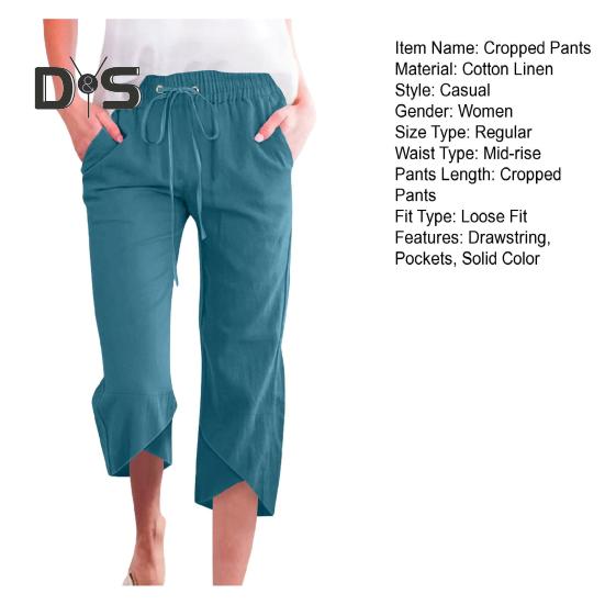 Damen Cropped-Hose, elastischer Kordelzug in der Taille, lässiges Design mit lockerem Bein, Freizeithose, einfarbig, lockere Passform, Hose mit mittlerer Wade