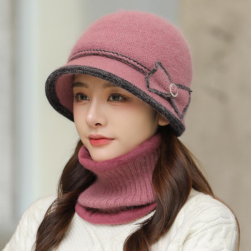Autumn Winter Women's Rabbit Fur Hats Neck Scarf Sets Solid Color Basin Hat Knitted Woolen Caps Warm Casual Fisherman Hats with Scarf Trendy