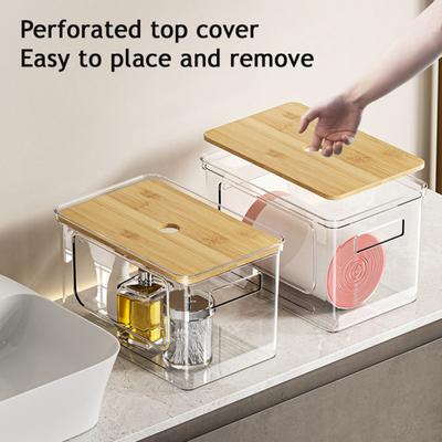 Dispenser per Sacchi della Spazzatura Portasacchi Impilabile con Coperchio in Bambù Organizzatore Trasparente in Plastica per Sacchi della Spazzatura per Cucina Lavanderia Dispensa Sotto il Lavello