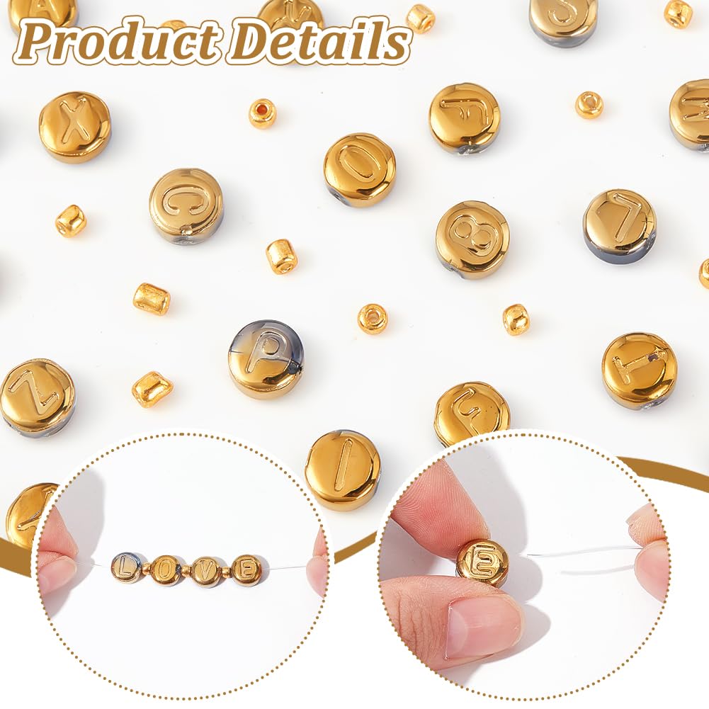 26 Styles Electroplated Glass Bead Flat Round with Letter Gold 1Set Glass Seed Beads Mixed Shapes 4~10x3~5mm Hole: 1~1.2mm