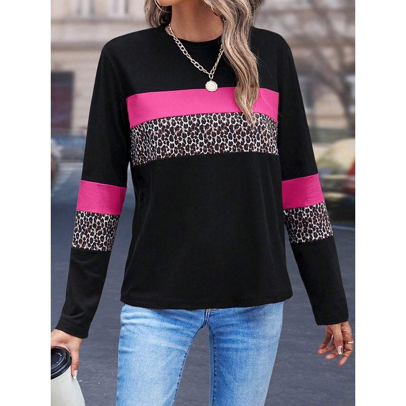 European and American Commuter Versatile Leopard Print Color Matching Long sleeves Shirt Women 2025 Autumn New Loose O-neck pullover Top