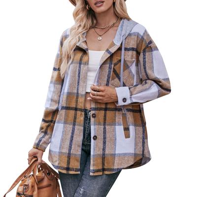 Autumn and Winter Ladies Shirt Long-sleeved Blouse Hooded Jacket Casual Medium-length Plaid Shirt