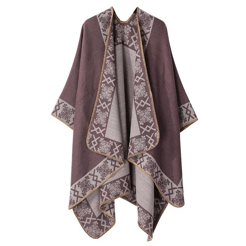 Knitted Shawl Women's Winter Thick Seam Shawl European and American Dual-use External Scarf Warm Printed Fashionable Scarf Cape