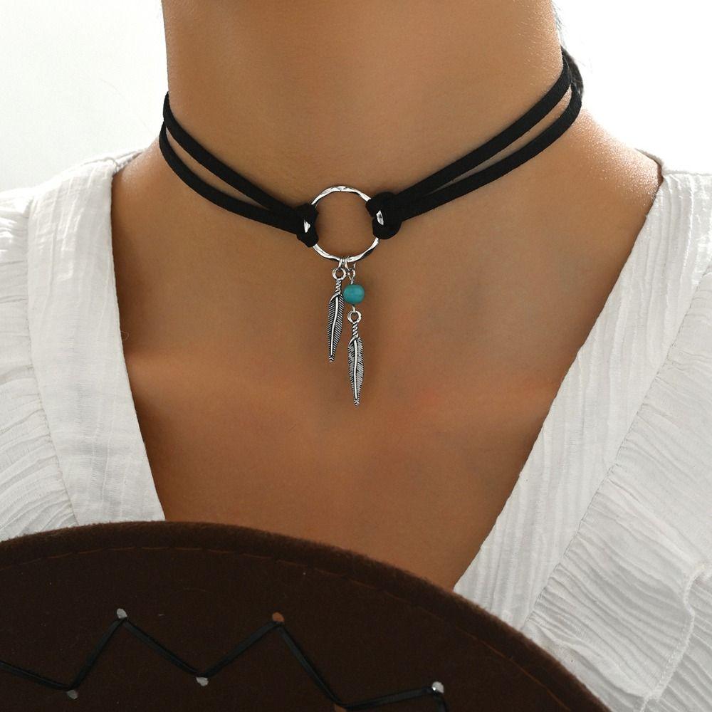 Retro Turquoise Stone Necklace Ethnic Style Bohemian Necklace Trendy Leaf Tassel Choker  Women