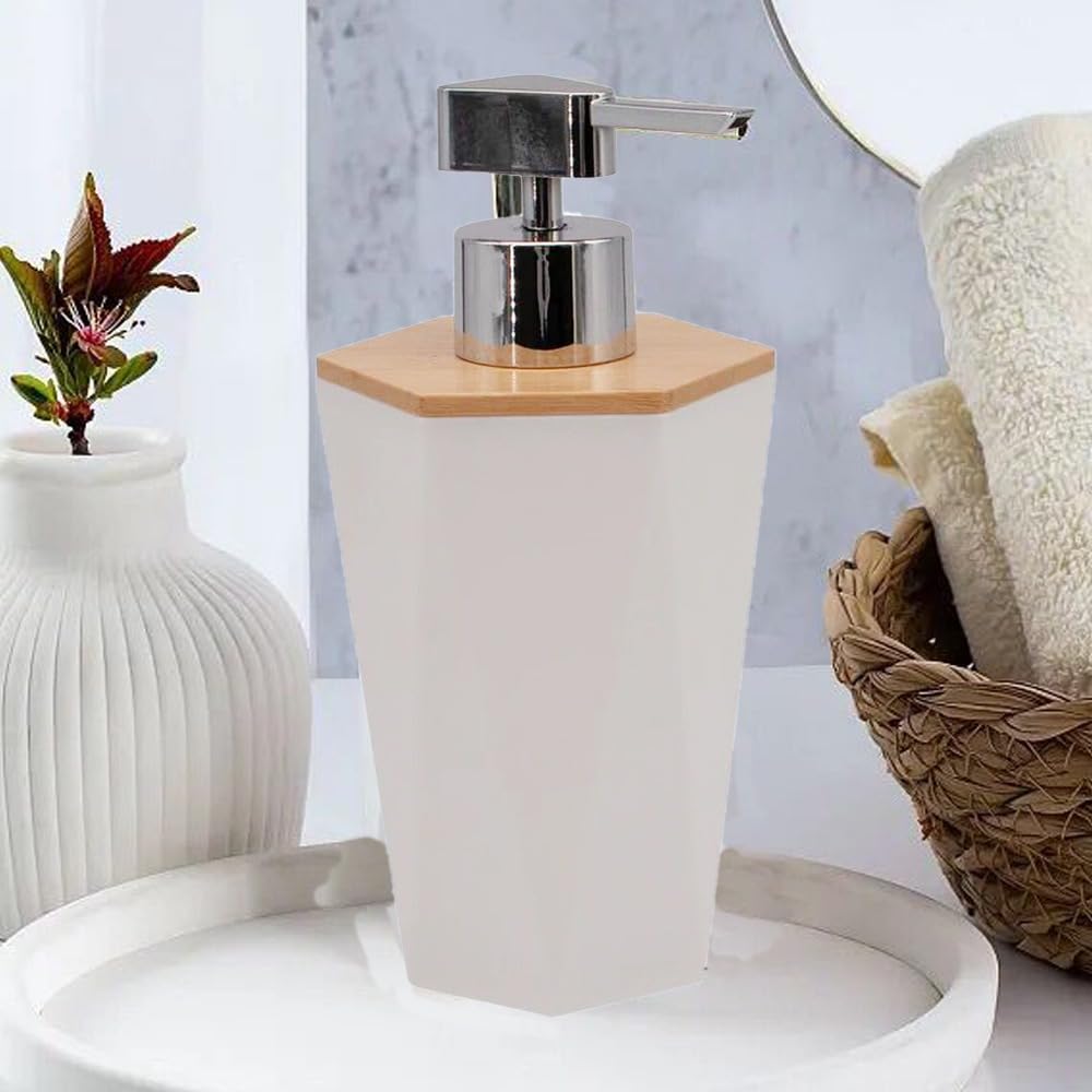RSINC Refillable Hand Soap Dispenser | Liquid Soap/Shampoo  Lotion Dispenser Plastic Bottle for Kitchen, washbasin Pack of 1 | Wooden Lid (White)