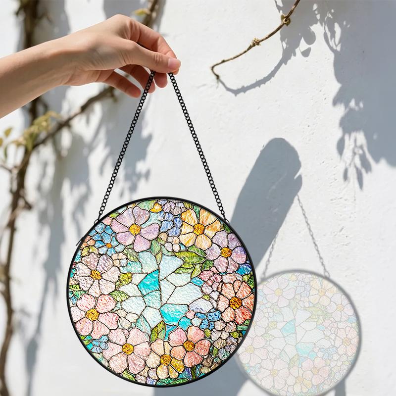 2D Flat Stained Glass Floral Window Decoration Colored Glass Plate, Charming Spring Summer Sun Catcher Home Livingroom Garden Decor, Unique Holiday