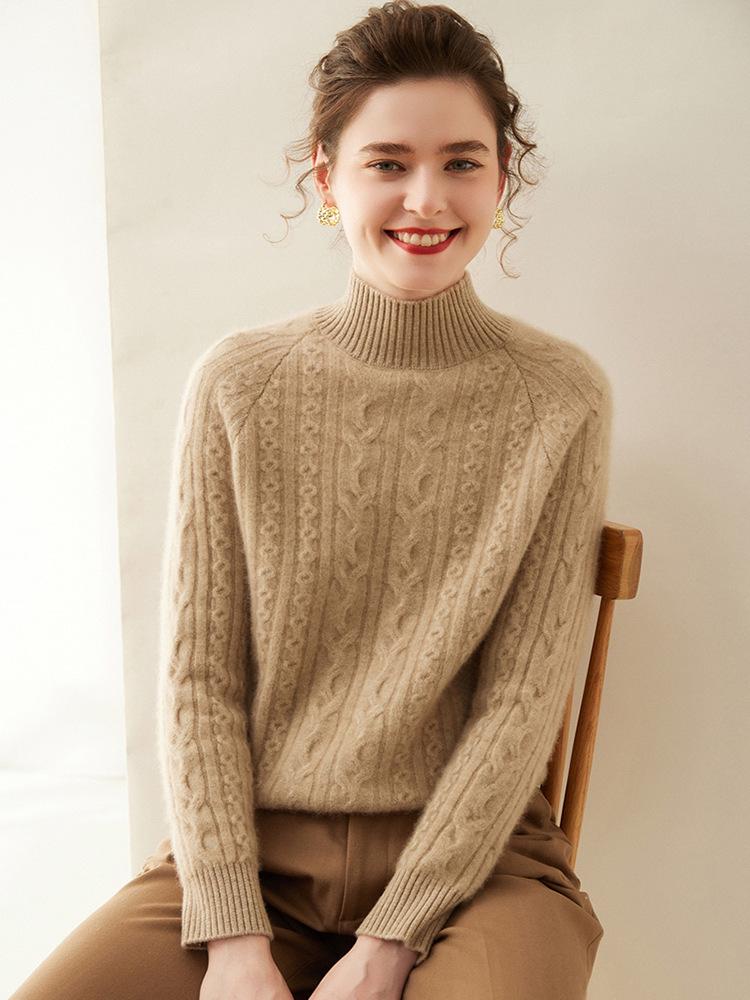 Women's Cashmere Cable Knit Sweater, Half-High Neck, Thick, Slimming, Loose Fit, Warm Base Layer for Autumn and Winter.