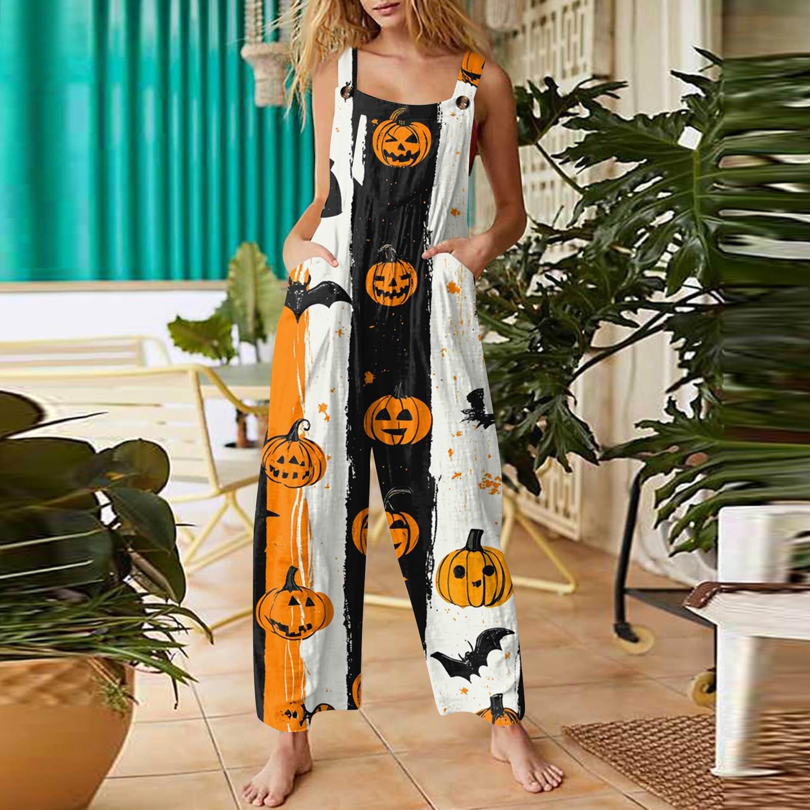 

Women s Fashion Halloween Print Casual Vintage Sleeveless Button Jumpsuit XL