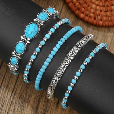 Bracelet style ethnique turquoise imitation Personnalité unique européenne et américaine Polyvalent pour le quotidien Bracelet empilable pour femmes