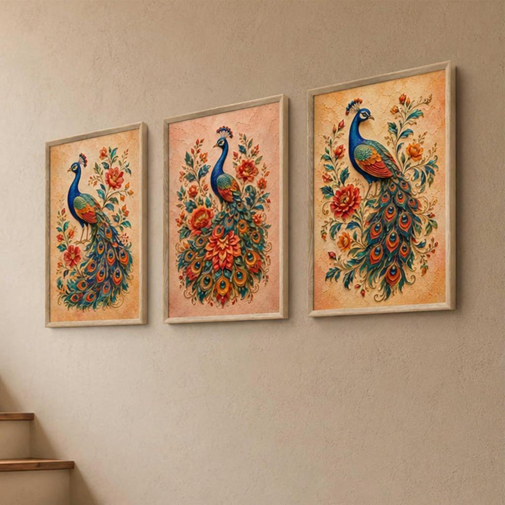 Livin'luxe Set of 3 Peacock Floral Wall Paintings for Living Room Bedroom Home Decor with Premium Wooden Color Synthetic Frame, Ethnic Art