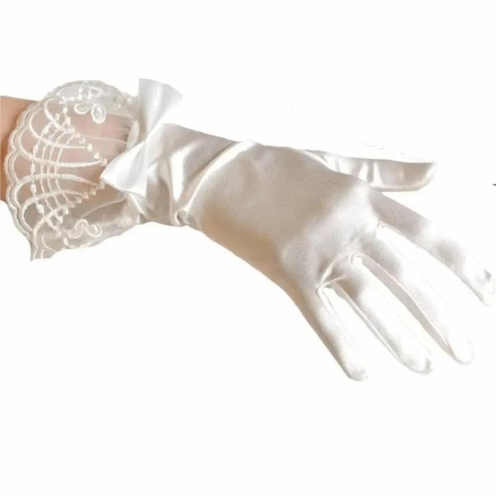 Lace Mesh Bride Dress Gloves Bow Pearl Chiffon Gloves Vintage Etiquette Gloves Prom Cosplay
