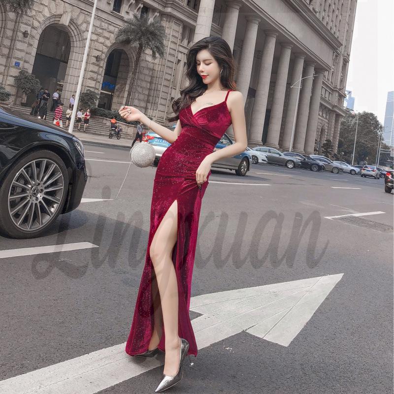 Goddess Style Velvet V-Neck Camisole Evening Gown - Black L красный