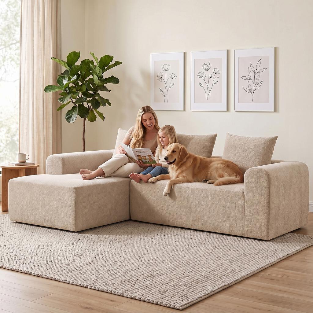 Corner Sofa with Chaise Longue, Frameless L-Shaped Cloud Sofa in Chenille, Deep Seat, Pocket Springs, Beige