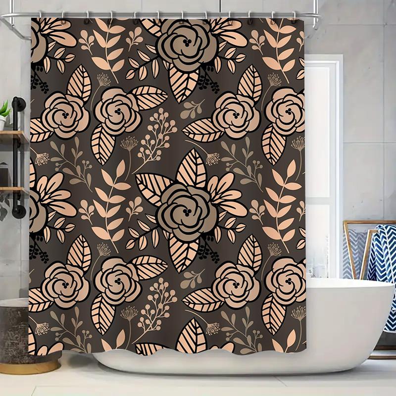 

Luxury Floral Print Shower Curtain Waterproof Bathroom Decor In 3Drose Style With Pink Brown And Black Leaves Pattern Design Siz W60H190(CM)-1 Pcs