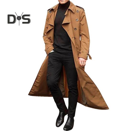 

Мужской тренчкот с лацканами и длинным рукавом, однотонная ветровка, двубортная, длинная, стильная, деловая верхняя одежда для отдыха S хаки