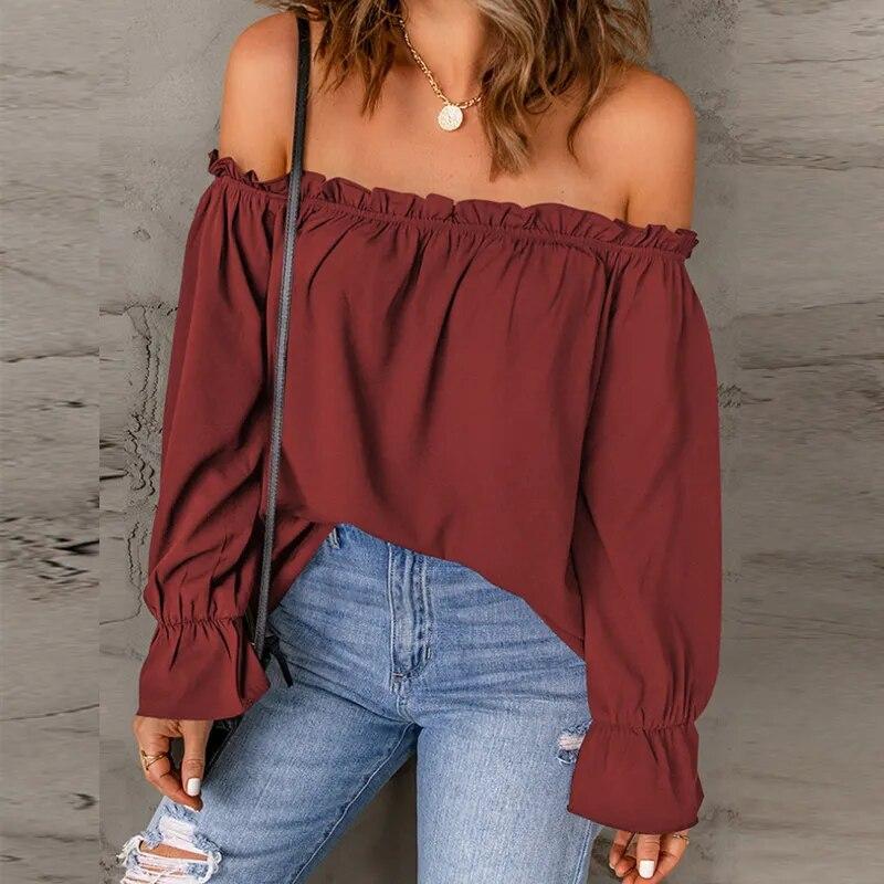 

Сексуальные топы с открытыми плечами, женская рубашка, весенне-осенняя модная шифоновая блузка с вырезом в горловине, однотонная женская одежда 25086 XXXL красный