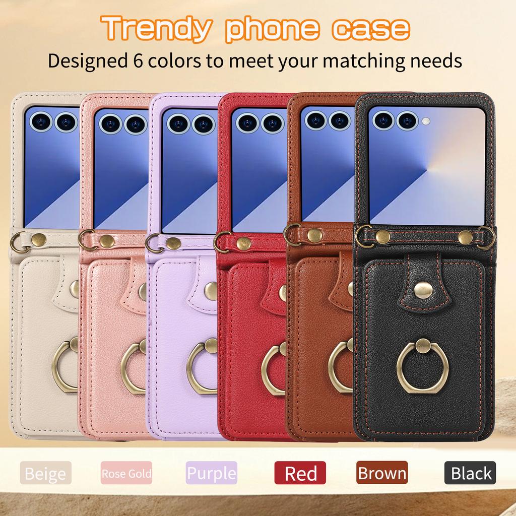 Portafoglio in Pelle Custodia per Telefono per Samsung Galaxy Z Flip 7 6 5 4 3 Flip7 FE con Anello per Dita Porta Carte e Tracolla