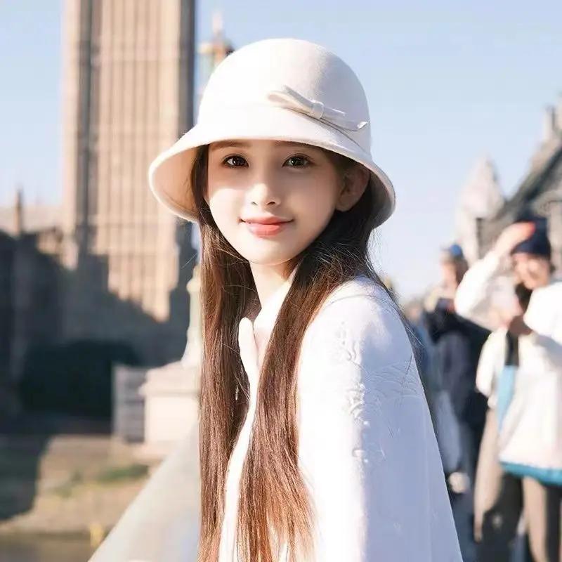 Elegant Women Felt Dome Bucket Hat Vintage Bowknot Fedoras Hats Autumn Winter Ladies Imitation Woolen Bowler Cap