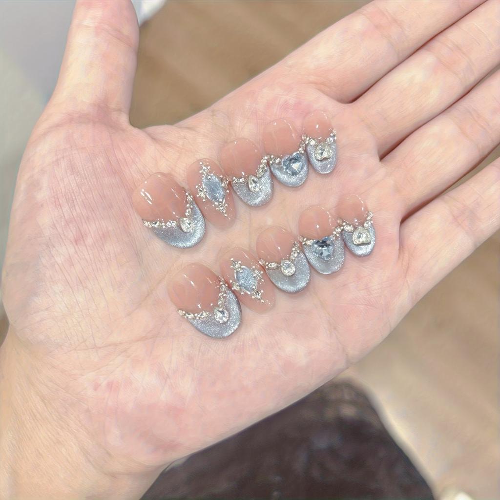 10Pcs Handmade Short Oval French Cat Eye Press On Nails Snow Island Blue Moon Reusable Fake Nail Tips