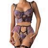 Sexy Lila Dreipunkt Erotik-Set Bestickte Blumen-Spitze Durchsichtige Sex-Unterwäsche