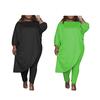 2 Pcs/Set Plus Size Women Outfit Off Shoulder Slant Hem Three-quarter Sleeve Long Top Elastic Solid Color Trousers Daily Wear Clothes
