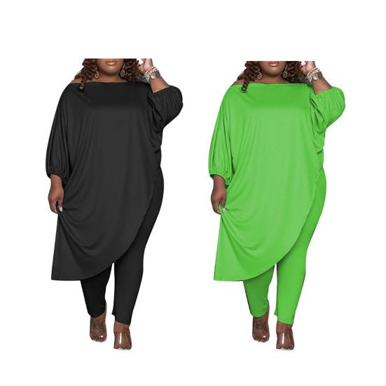 2 Pcs/Set Plus Size Women Outfit Off Shoulder Slant Hem Three-quarter Sleeve Long Top Elastic Solid Color Trousers Daily Wear Clothes