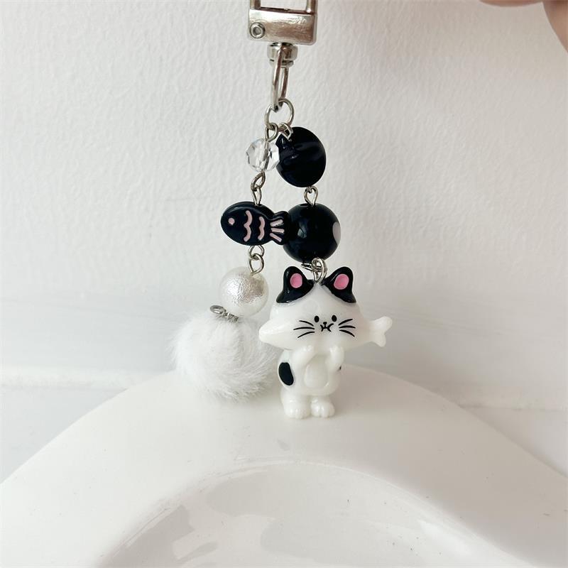 Cute Kitten Cat Fur Ball Bead Keychain Pendant Star Fish Charm Lanyard Girl Phone Chain Lovely Backpack Bag Ornament Couple Gift