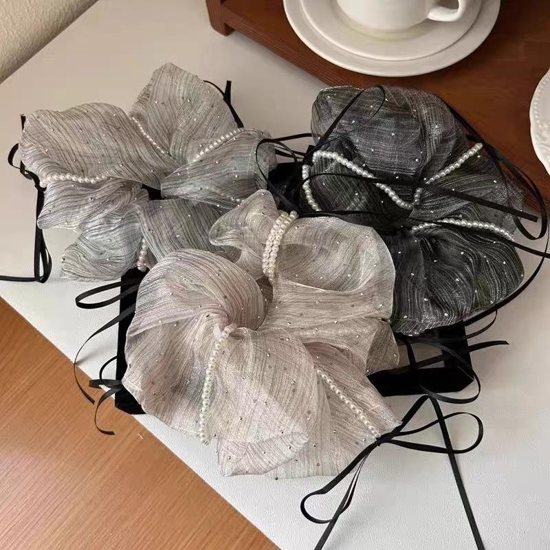 1pc Sweet And Elegant Bowknot Beaded Tulle Scrunchie Women s High-end Hair Rope Elastic Band