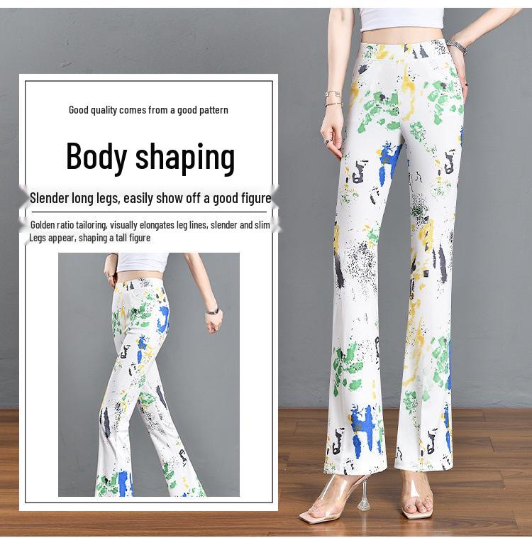 2024 Summer Women's Slimming Stretchy Micro-flare Long Pants with Printed Elastic Waist