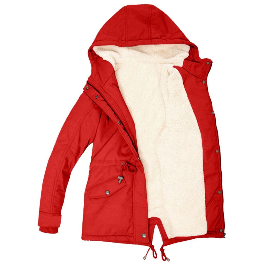 2025 Winter Women's Solid Color Hooded Parka Coat Thick Fleece Lined Cotton Jacket Outerwear