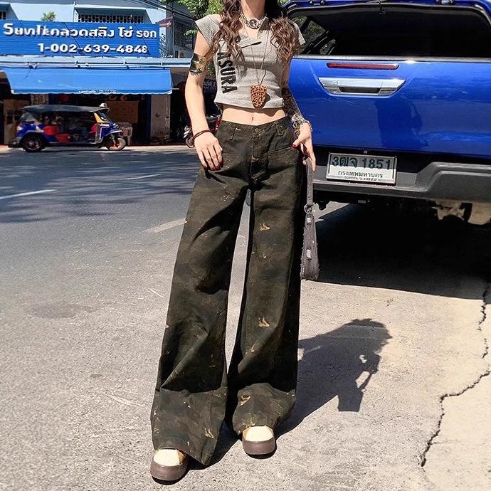 Damen Camouflage Cargo-Hose mit hoher Taille - Sommer 2025, Leicht, Schlankmachend, Lockerer gerader Schnitt Jeans