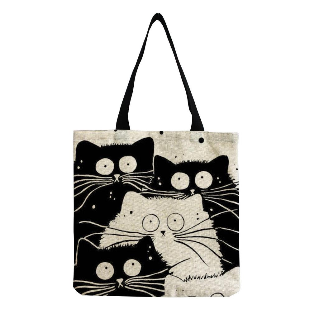 Cartoon Niedliche Flauschige Katze Baumwoll-Leinen-Einkaufstasche - Wiederverwendbar & Vielseitig als Umhänge- oder Handtasche