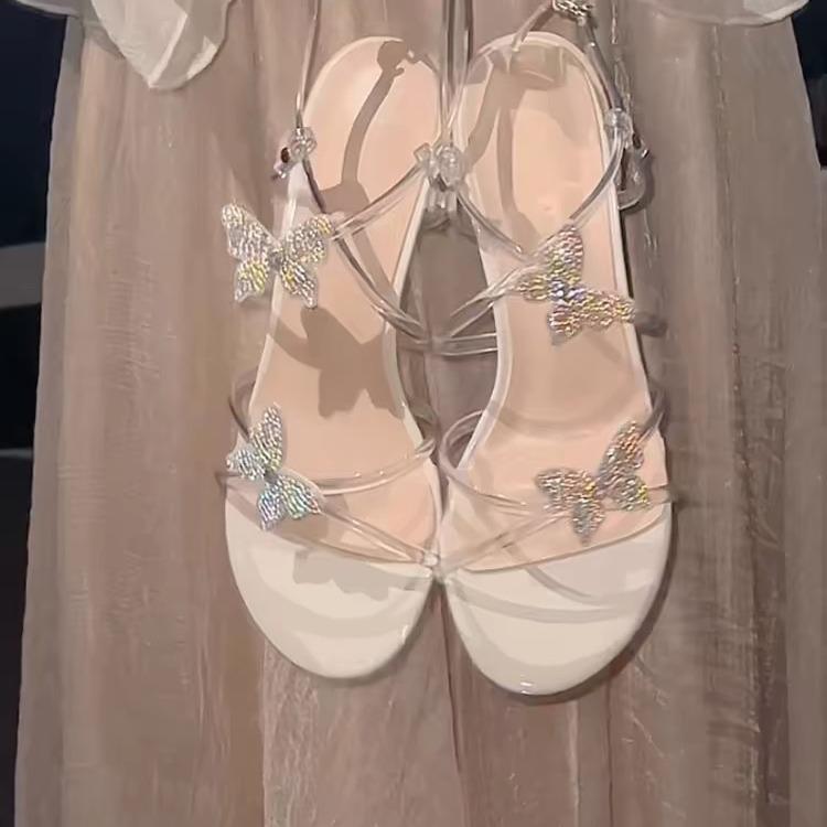 Yushilai~ Beautiful rhinestone sandals female 2025 summer new fairy style with skirt seaside sparkling high heels