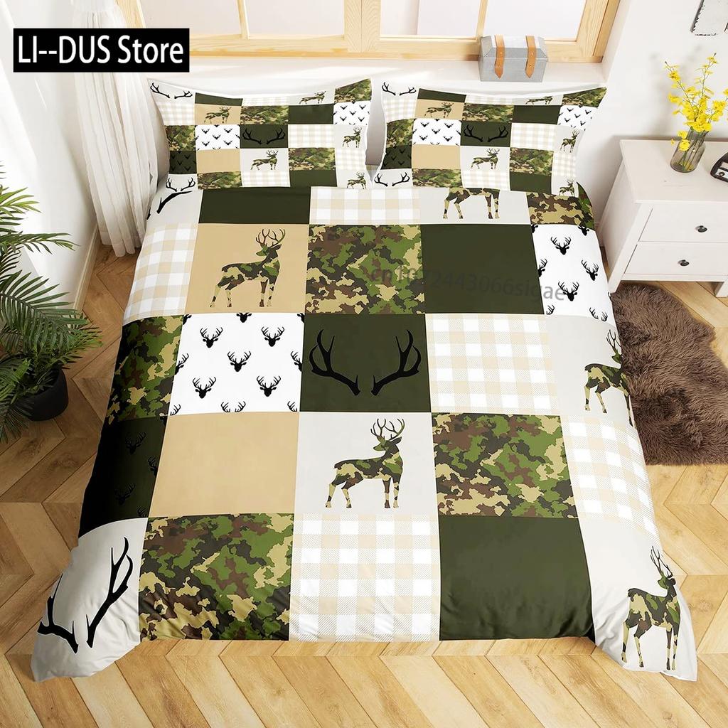 Kamo Jelen Povlečení Set Parohy Šíp Vzor Ložní Set Pruhy Mřížka Kamufláž Přikrývka Mikrovlákno King Přikrývka