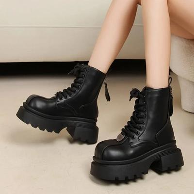 Fashion 2024 New Shoes Female Lace Up Women's Boots Winter Rome Round Toe Solid Short Barrel Platform Chunky Heels Zipper Fashion Boots