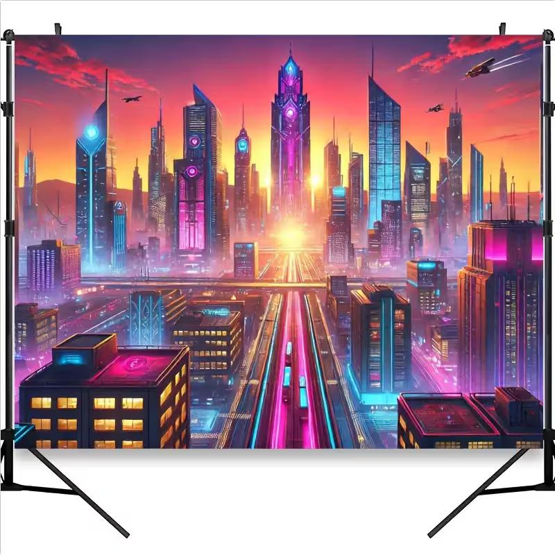 Futuristic Neon Sunset City Backdrop, Cyberpunk Aesthetic Background 47.2x31.5inch/120*80cm