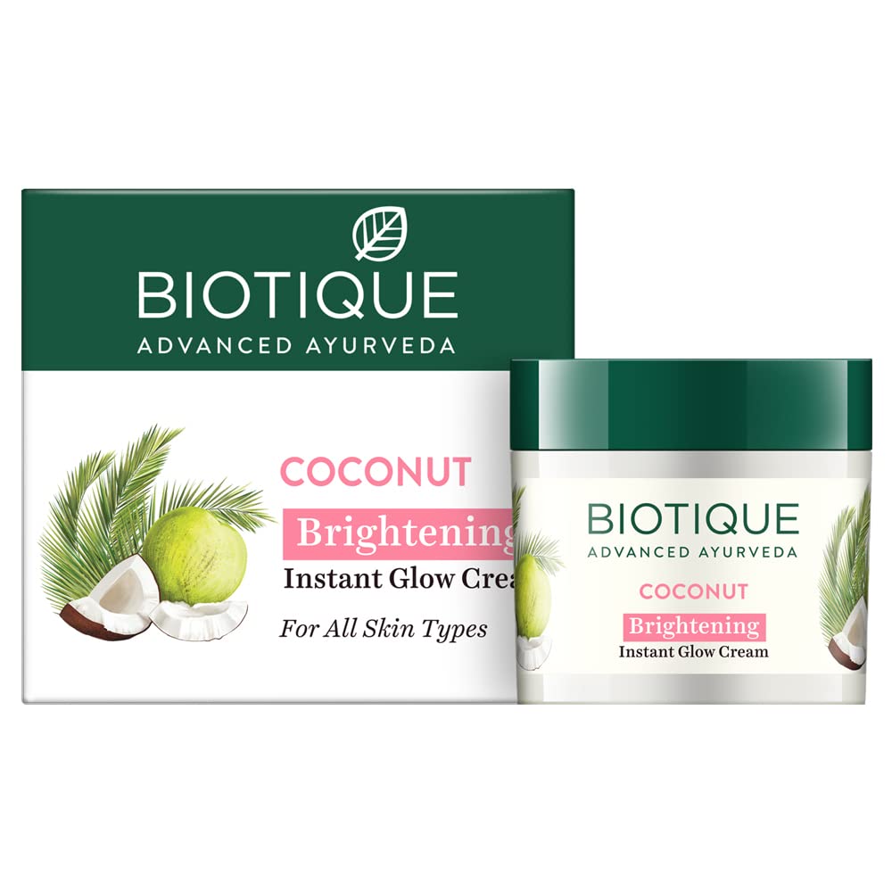Biotique Coconut Brightening Glow Cream 50g | Natural Radiance Face Moisturizer | Lightweight Non-Greasy Formula | Dark Spot Reduction